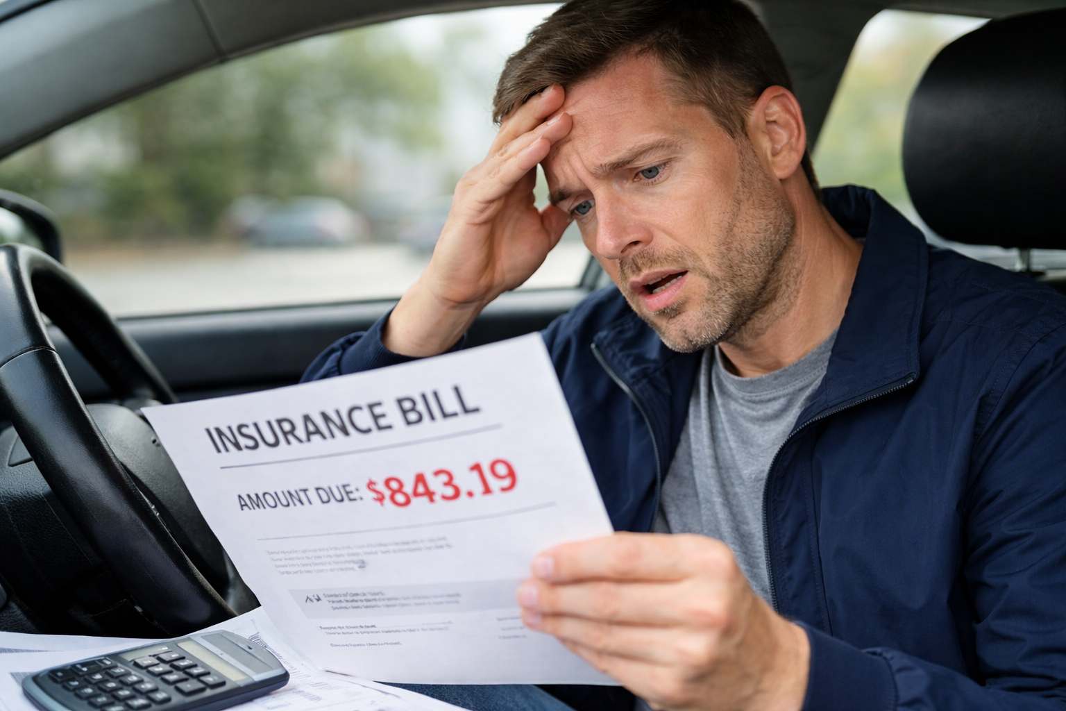 Worried driver reviewing high insurance bill